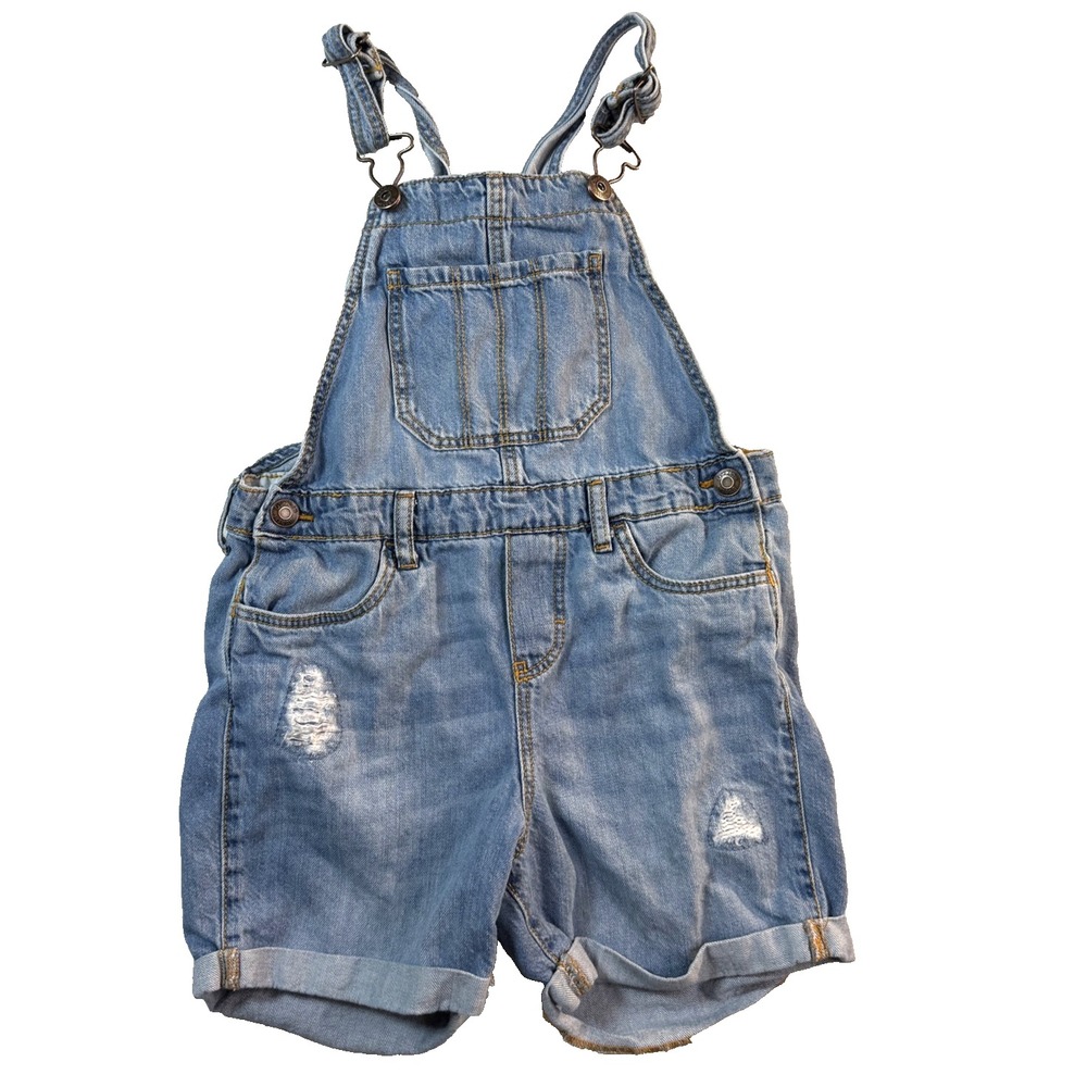 OshKosh B'gosh Denim Overall Shorts Girls 7 Blue Adjustable Strap Cuffed Preppy